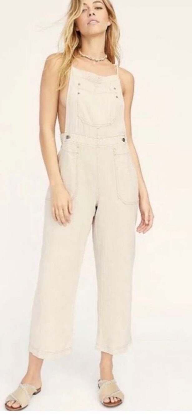 Free People Natural Sights Relaxed wide leg Overalls Jumpsuit Large Beige